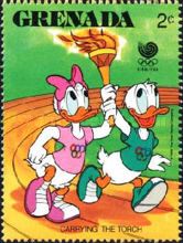 Donald and Daisy Duck carrying Olympic torch