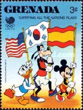 Donald Duck, Goofy and Mickey Mouse carrying flags