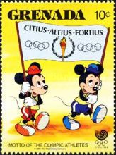 Morty and Ferdie carrying banner with Olympic motto