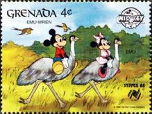 Mickey and Minnie Mouse riding emus
