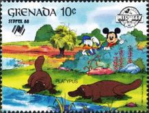 Mickey Mouse and Donald Duck watching platypus