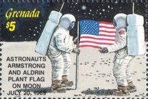 Astronauts Armstrong and Aldrin plant flag on moon