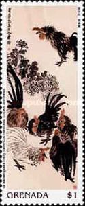 Chrysanthemums, coxks and hens, by Qi Baishi