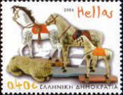 Wheeled horses on wooden pedestal