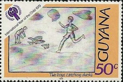 Children's drawing: Two boys catching ducks
