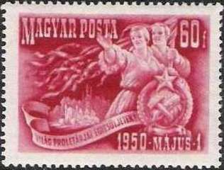 Worker's couple, coat of arms, townscape and flags