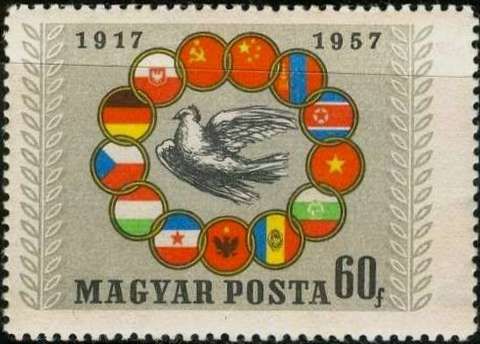 Peace dove surround by flags of socialist countries