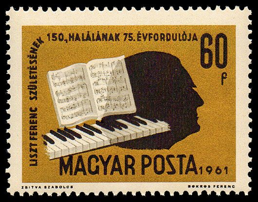 Liszt's silhouette, keyboard, notes