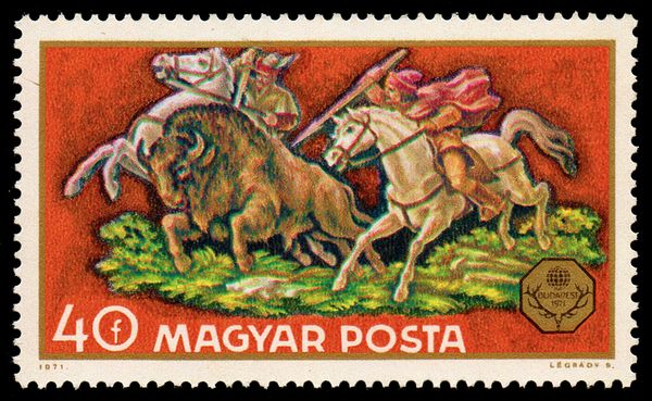 European Bison (Bos bonasus) hunting on horses