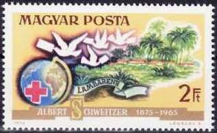 View of Lambarene, doves, globe and Red Cross emblem