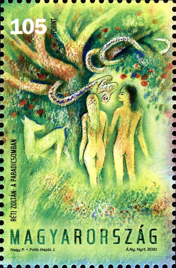 Adam and Eve in Paradise; Illustration by Zoltán Rét