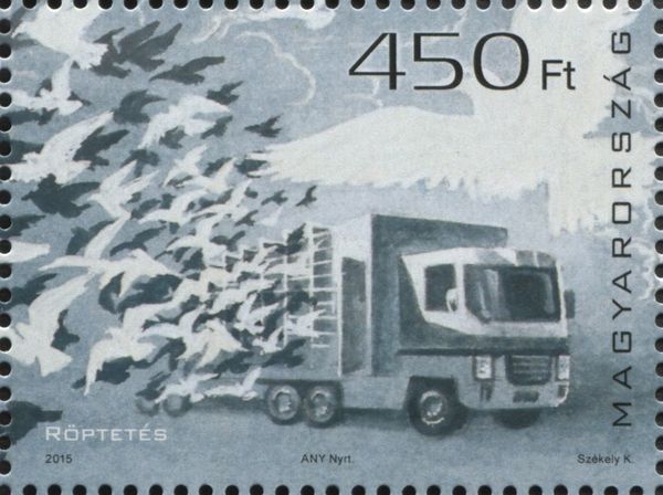 Truck and Race Pigeons (Columba livia forma domestica)