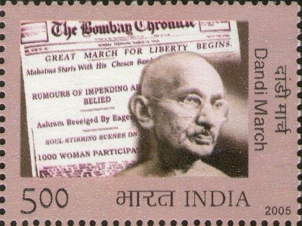 Gandhi and Headlines 'GREAT MARCH FOR LIBERTY BEGINS'