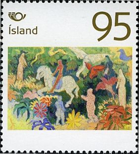 "Elves and Birds", painting by Jóhann Briem (1907-1991)