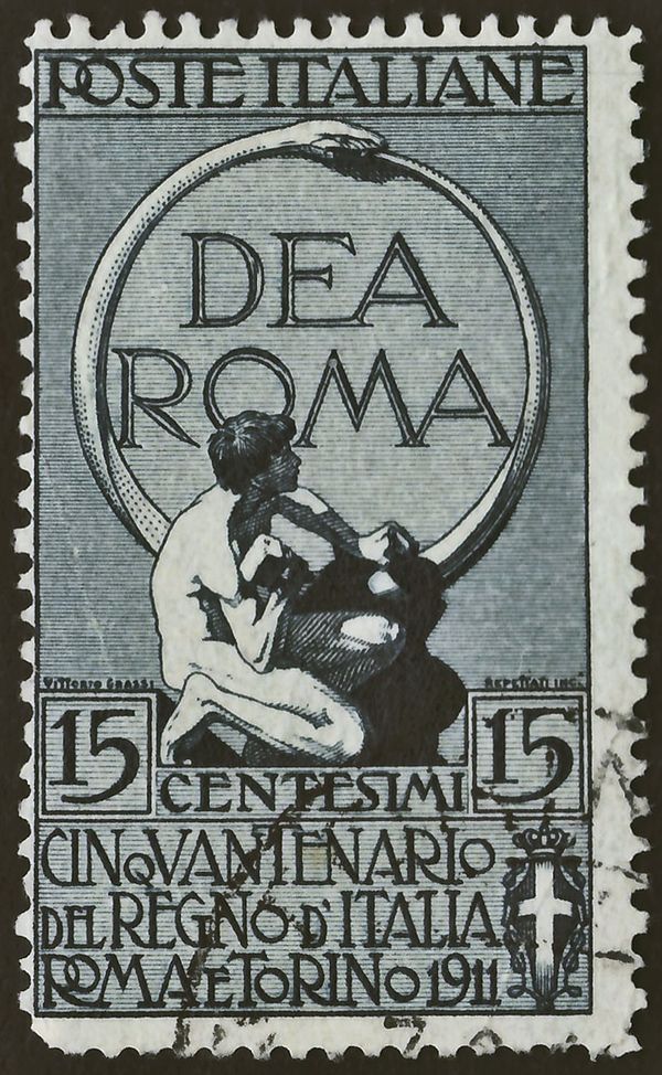 Written "Dea Roma" and a man who carves the symbol of eterni