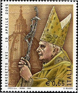 Portrait of Benedetto XVI and cupola of st Peter