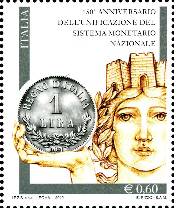 Turreted Italy and 1 lira Coin from 1863