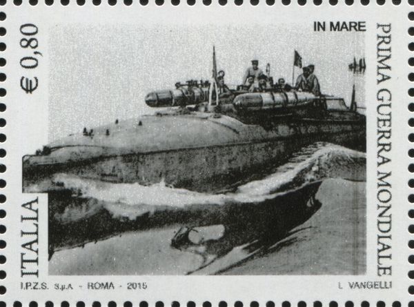 Motorboat in front of submarine