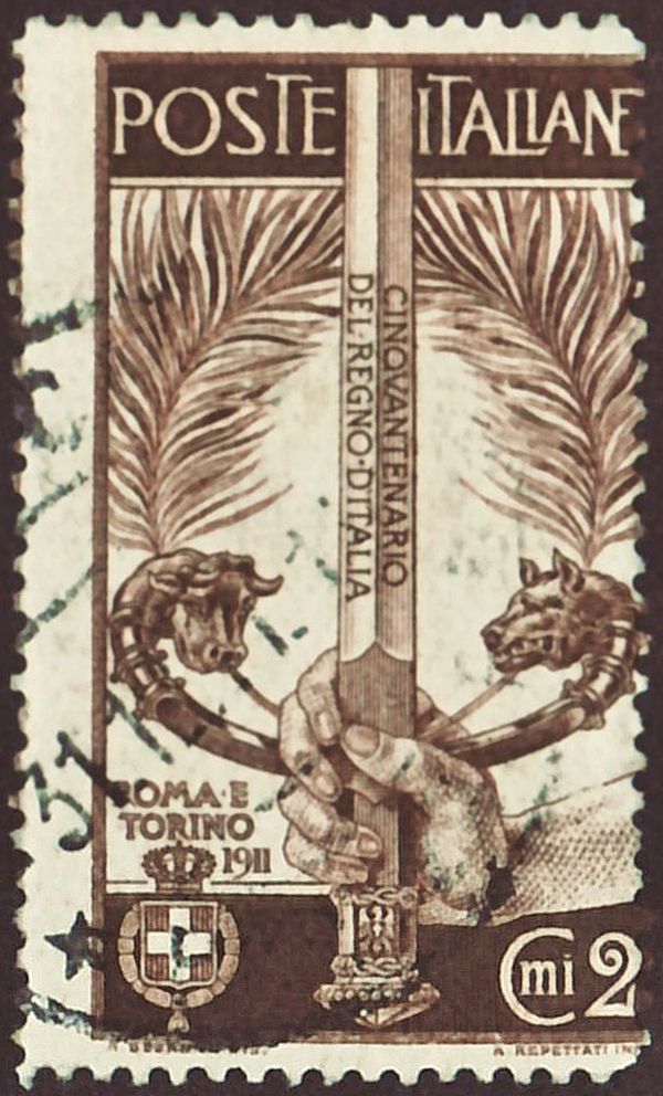 Sword wielded by a hand, perf. 13½