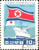 Resettlers ship; Flag of North Korea and Red Cross flag