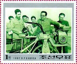 Kim Il Sung Inspecting a Rice Transplanting Machine