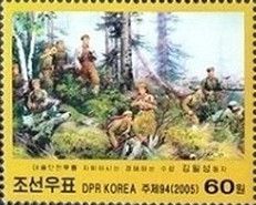 Kim Il Sung with partisans at the edge of the forest