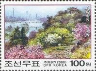 Pavilions and flowering shrubs on Moran Hill, Pyongyang