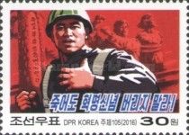 Soldier, party emblem, fireworks over Pyongyang