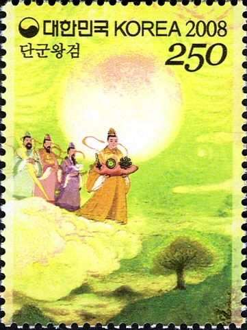 Hwanung descending onto Sindansu on Taebaek Mountain