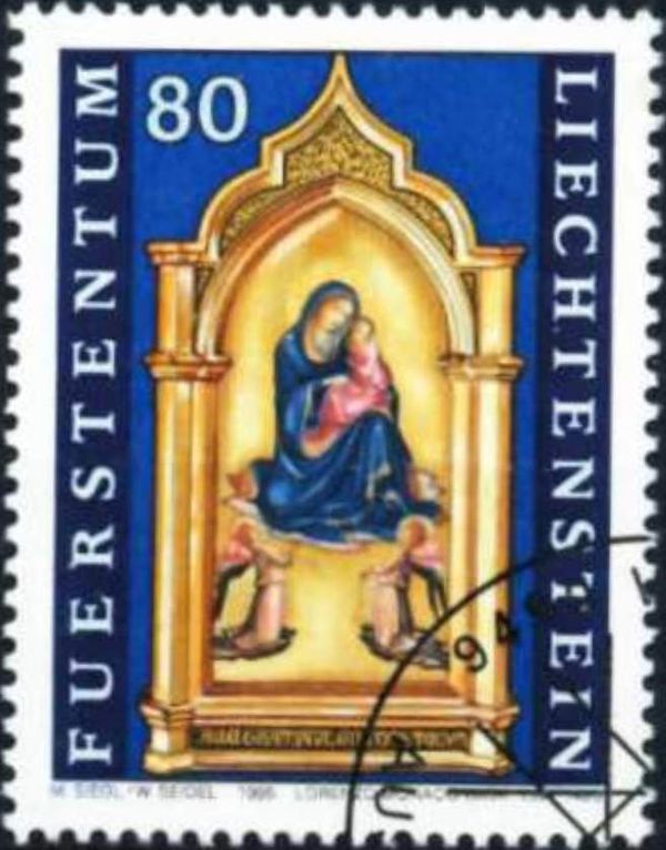 Maddona and Child, two angels at her feet