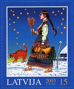 Christmas - Cat and Woman Carrying Cockerel in Basket