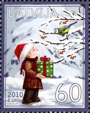Christmas - Boy Carrying Present and Blue Tit