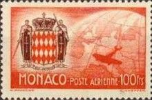 Coat of arms of Monaco, airplane over globe with map of Euro