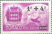 Coat of arms of Monaco, airplane over globe with map of Euro