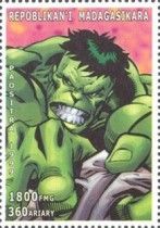 Hulk holding shirt, red violet and orange background