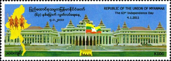 Parliament Building, Naypyidaw; state flag; three statues
