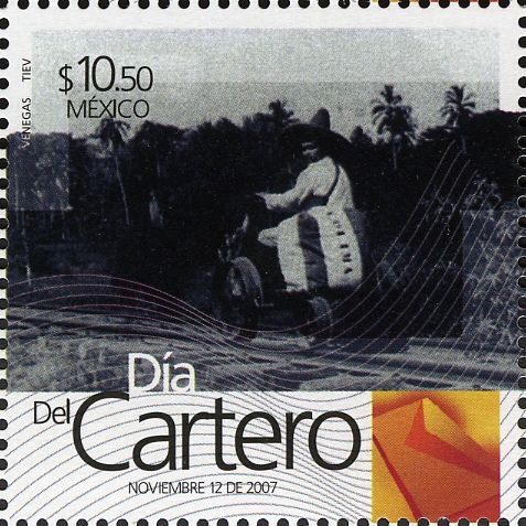 Postman riding railway hand car