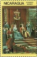 Ferdinand, Isabella, Columbus with crew before throne