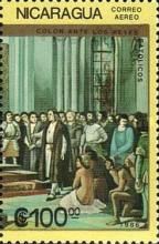 Ferdinand, Isabella, Columbus with crew before throne