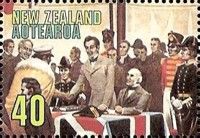Chief Hone Heke shaking hand of Lt.-Gov. William Hobson