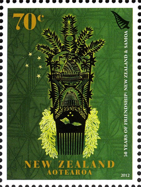 Selu Tuiga depictng Samoan Parliament & Beehive, Wellington