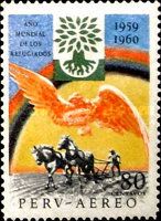 Ploughing farmer, sign of the World Refugee Year