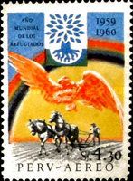 Ploughing farmer, sign of the World Refugee Year