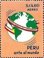 Peru on a globe encircled by banner in national colors