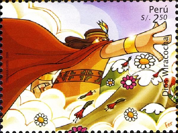 God Wiracocha Above Flowers and Snowy Mountains