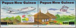 Airliner over holiday village - surcharged