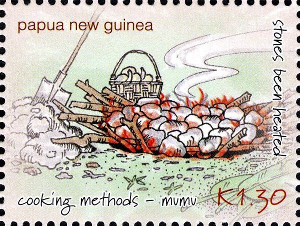 Heating stones in mumu pit