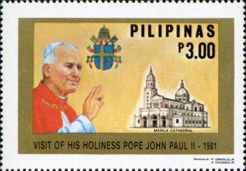 Pope giving blessing, Vatican arms, Manila Cathedral