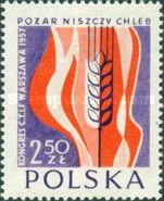 Stylised ear of corn in front of flames