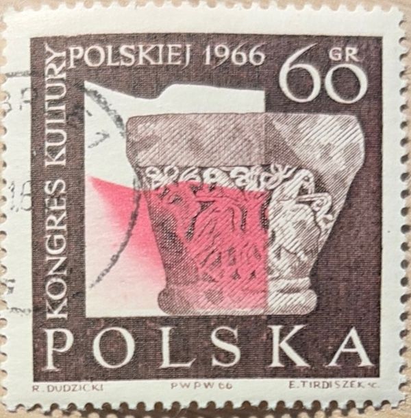 Capital of Romanesque Column from Tyniec and Polish Flag